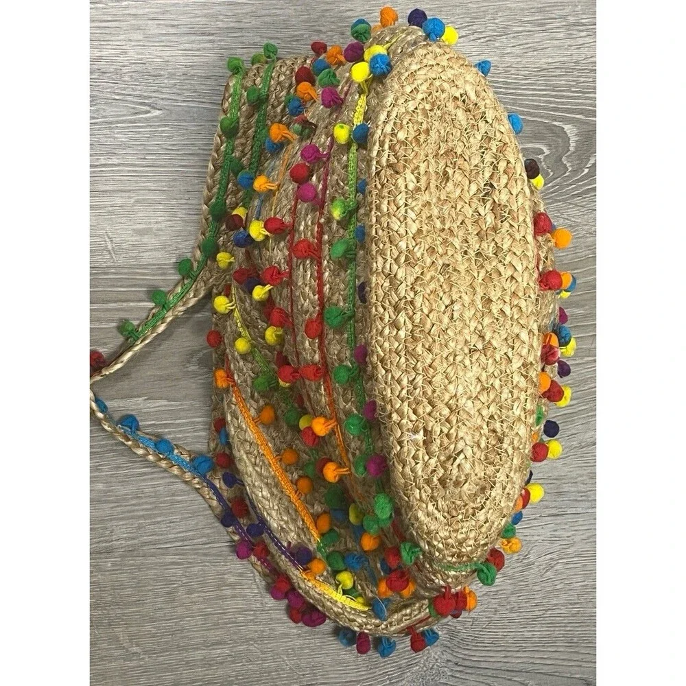 Circus Sam Edelman Tote Jute Beach Bag Rainbow Pom Boho Resort Shopping Festival